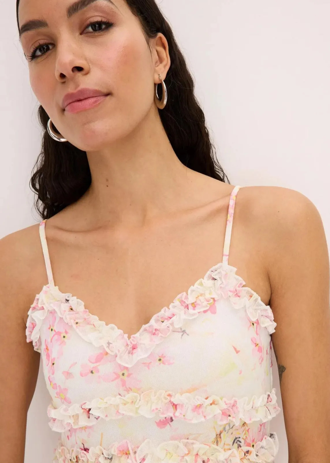 bonprix Kurzgrößen|Bekleidung·Pullover & Strickjacken^Maxikleid aus zartem Mesh creme floral