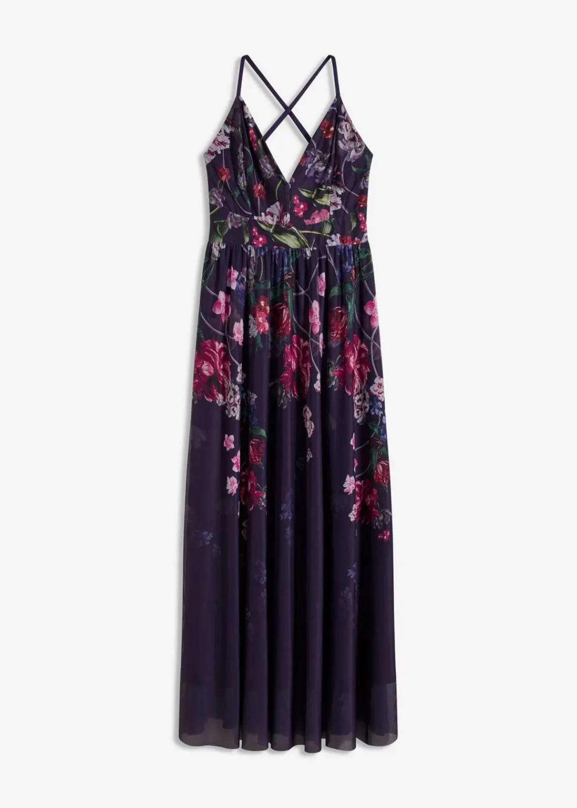 bonprix Festliche Mode|Kleider^Maxikleid aus zartem Tüll mit Trägern dunkelblau geblümt