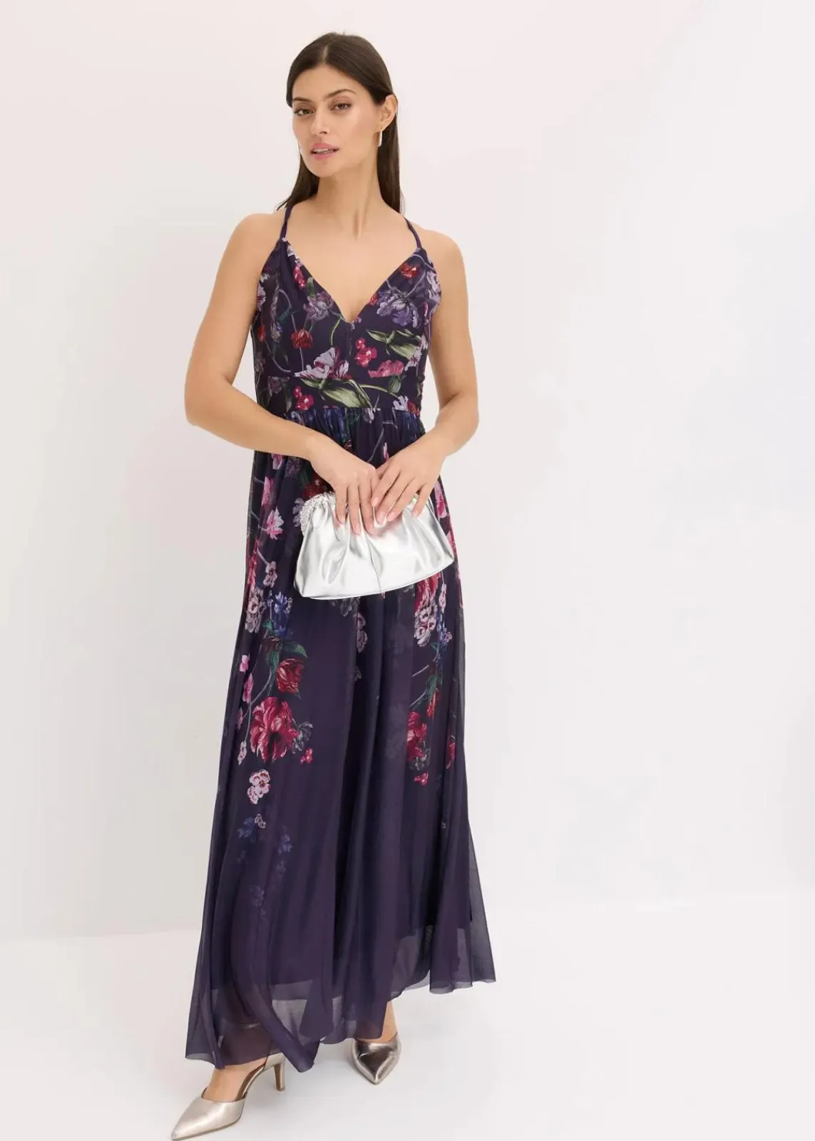 bonprix Festliche Mode|Kleider^Maxikleid aus zartem Tüll mit Trägern dunkelblau geblümt