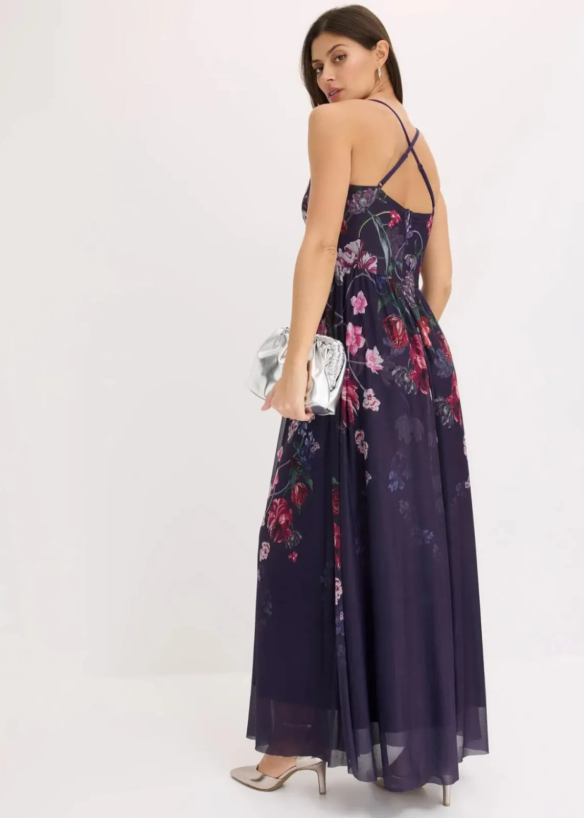 bonprix Festliche Mode|Kleider^Maxikleid aus zartem Tüll mit Trägern dunkelblau geblümt
