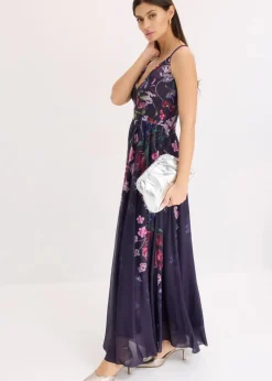 bonprix Festliche Mode|Kleider^Maxikleid aus zartem Tüll mit Trägern dunkelblau geblümt