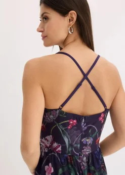 bonprix Festliche Mode|Kleider^Maxikleid aus zartem Tüll mit Trägern dunkelblau geblümt