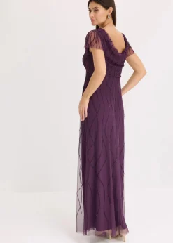 bonprix Bekleidung·Pullover & Strickjacken|Festliche Mode^Maxikleid aus zartem Tüll mit Perlenstickerei dunkellila