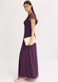 bonprix Bekleidung·Pullover & Strickjacken|Festliche Mode^Maxikleid aus zartem Tüll mit Perlenstickerei dunkellila