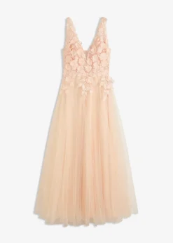 bonprix Festliche Mode|Kleider^Maxikleid aus zartem Tüll mit Blumen-Applikation champagner