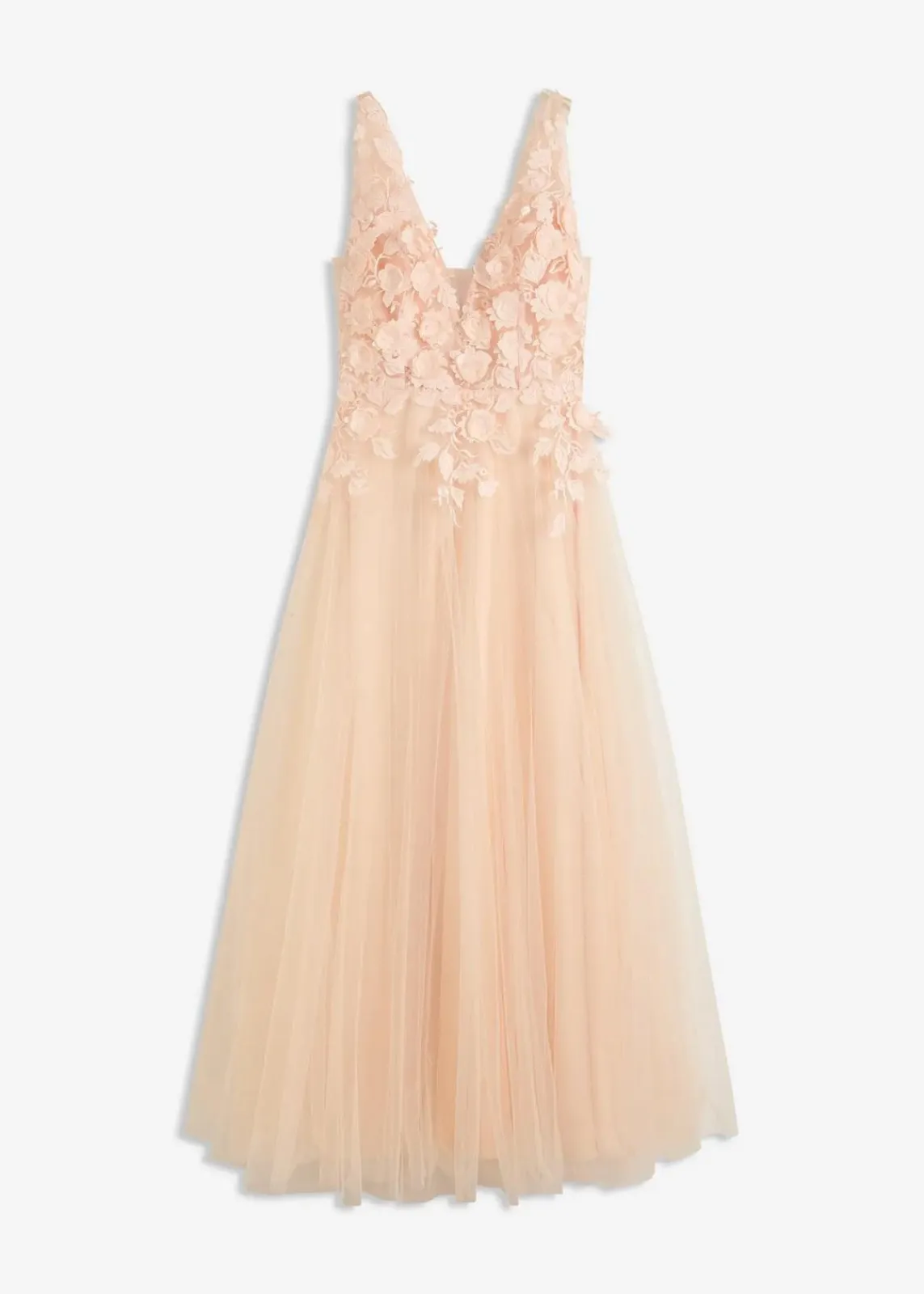 bonprix Festliche Mode|Kleider^Maxikleid aus zartem Tüll mit Blumen-Applikation champagner
