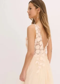 bonprix Festliche Mode|Kleider^Maxikleid aus zartem Tüll mit Blumen-Applikation champagner