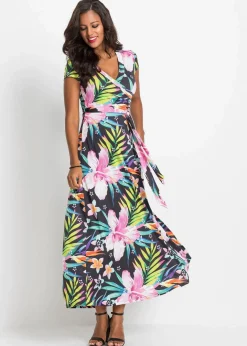 bonprix Kleider^Maxikleid in Wickeloptik schwarz/grün/pink geblümt