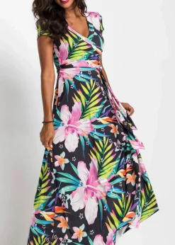 bonprix Kleider^Maxikleid in Wickeloptik schwarz/grün/pink geblümt