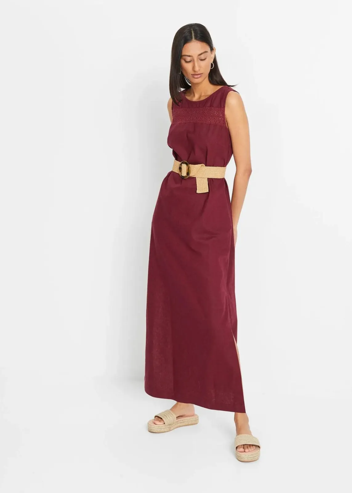 bonprix Kleider|Bekleidung·Pullover & Strickjacken^Maxi-Kleid mit Leinen dunkelbeere
