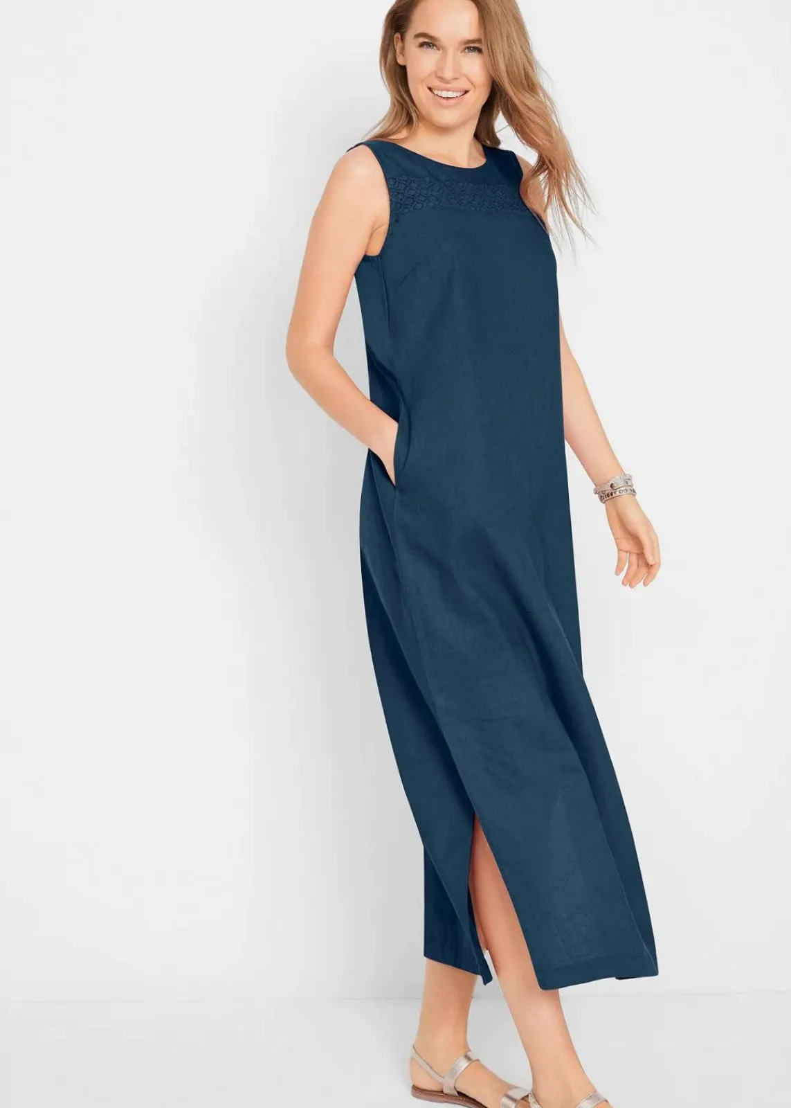 bonprix Bekleidung·Pullover & Strickjacken|Kleider^Maxi-Kleid mit Leinen dunkelblau