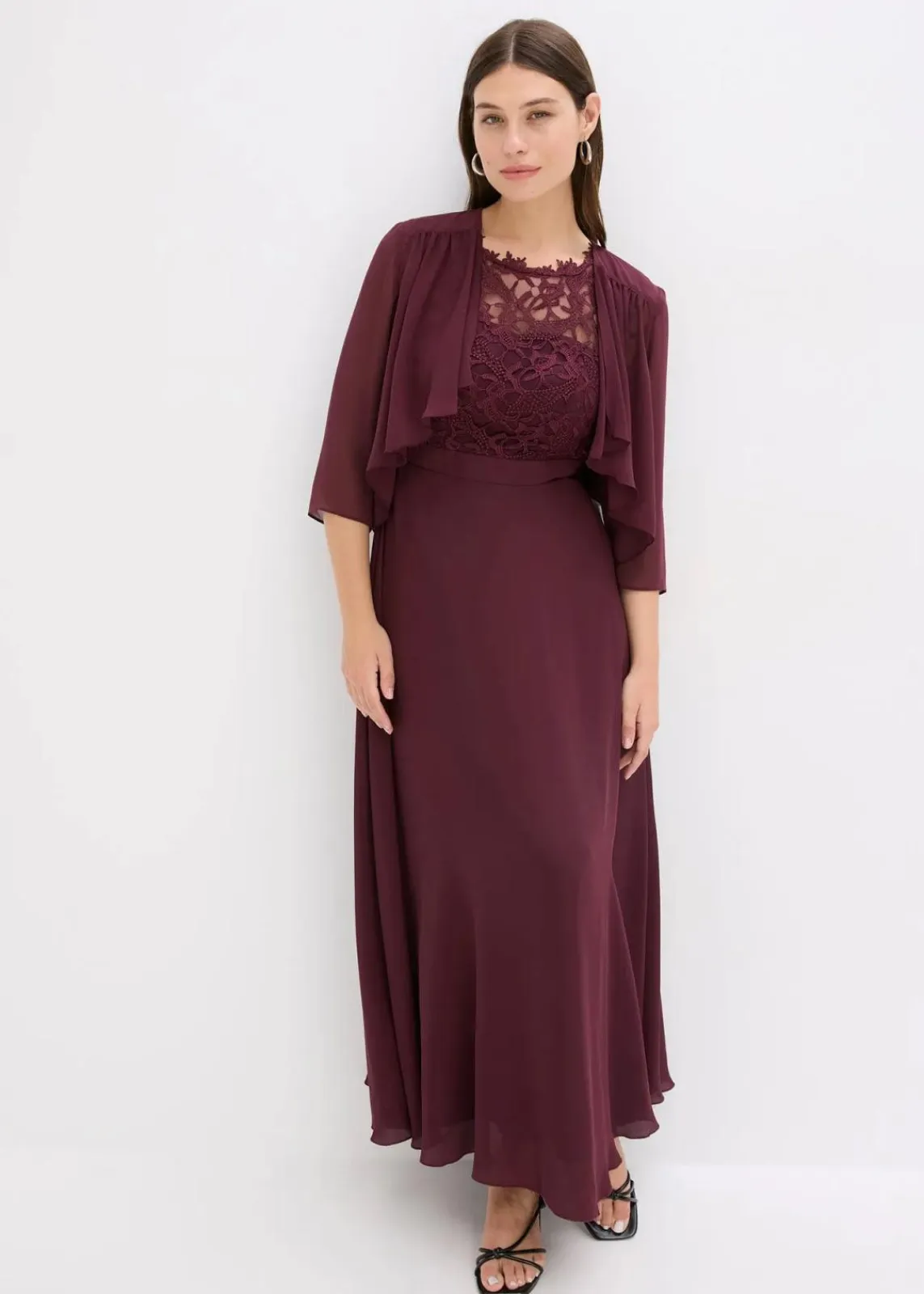 bonprix Kleider|Festliche Mode^Maxikleid mit Spitze weinrot