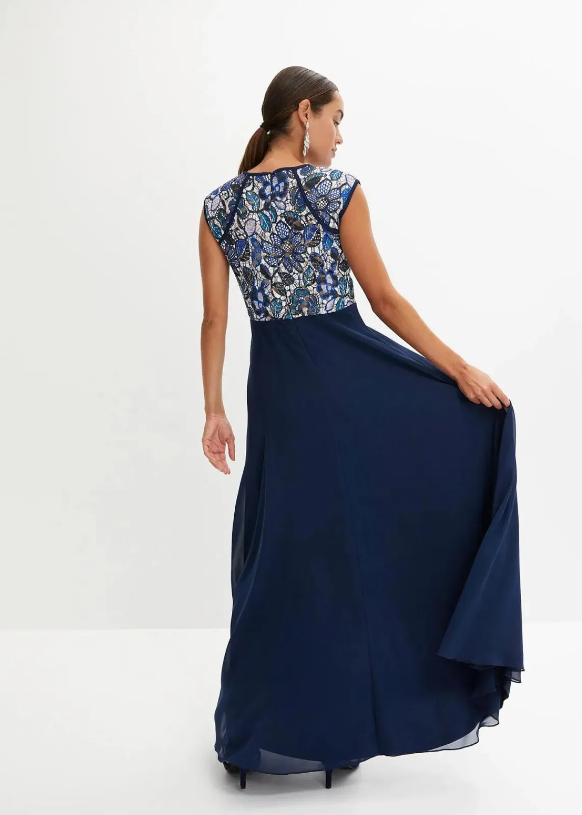 bonprix Bekleidung·Pullover & Strickjacken|Festliche Mode^Maxikleid mit Spitze dunkelblau geblümt