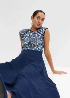 bonprix Bekleidung·Pullover & Strickjacken|Festliche Mode^Maxikleid mit Spitze dunkelblau geblümt