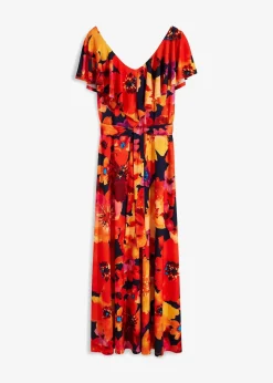 bonprix Kleider^Maxikleid mit Volant und Gürtel gelb / rot / dunkelblau geblümt