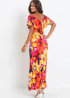 bonprix Kleider^Maxikleid mit Volant und Gürtel gelb / rot / dunkelblau geblümt