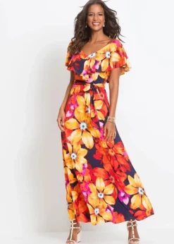bonprix Kleider^Maxikleid mit Volant und Gürtel gelb / rot / dunkelblau geblümt