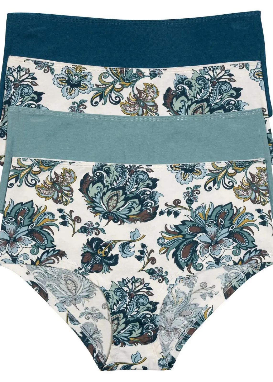 bonprix Wäsche·Baumwollunterwäsche|Wäsche·Höschen^Maxipanty (4er Pack) blaupetrol gemustert + mineralblau + blaupetrol