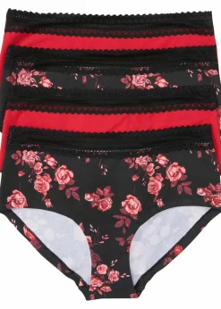 bonprix Wäsche·Baumwollunterwäsche|Wäsche·Höschen^Maxipanty mit Bio-Baumwolle (4er Pack) schwarz gebluemt + schwarz + brilliantrot