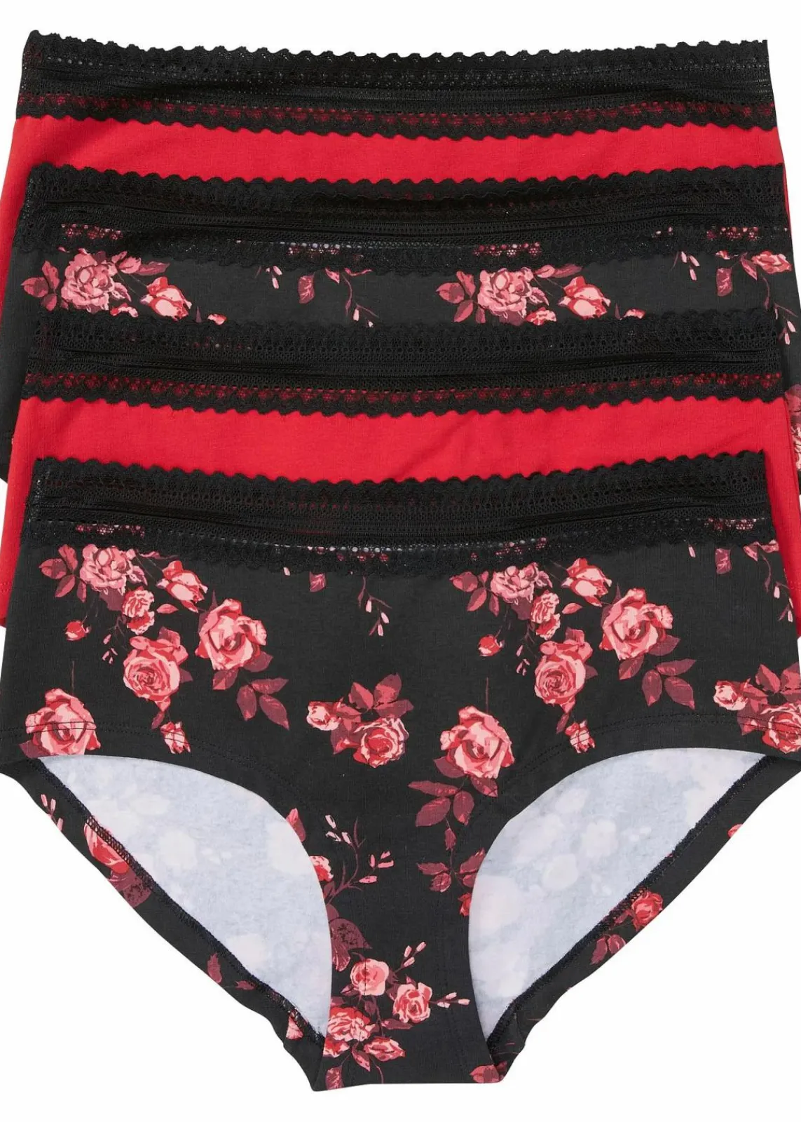 bonprix Wäsche·Baumwollunterwäsche|Wäsche·Höschen^Maxipanty mit Bio-Baumwolle (4er Pack) schwarz gebluemt + schwarz + brilliantrot
