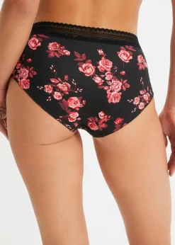 bonprix Wäsche·Baumwollunterwäsche|Wäsche·Höschen^Maxipanty mit Bio-Baumwolle (4er Pack) schwarz gebluemt + schwarz + brilliantrot