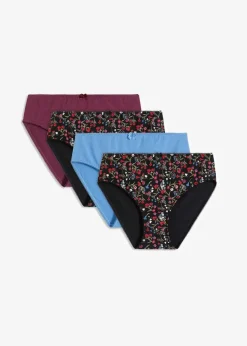 bonprix Wäsche·Baumwollunterwäsche|Wäsche·Höschen^Maxislip mit Bio-Baumwolle (4er Pack) schwarz geblümt + kristallblau + aubergine