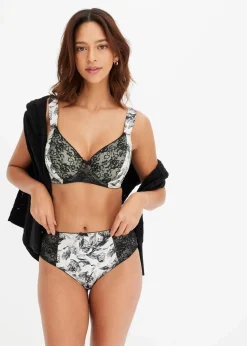 bonprix Wäsche·Dessous|Wäsche·Höschen^Maxislip mit glänzendem Material naturbeige/schwarz geblümt