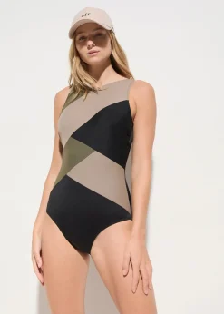 bonprix Nachhaltigere Materialien|Shapewear^Medium Shape-Badeanzug in Wickeloptik schwarz/oliv