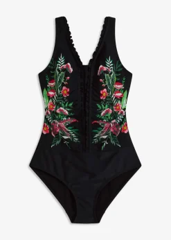 bonprix Nachhaltigere Materialien|Shapewear^Medium Shape-Badeanzug mit Volants schwarz floral