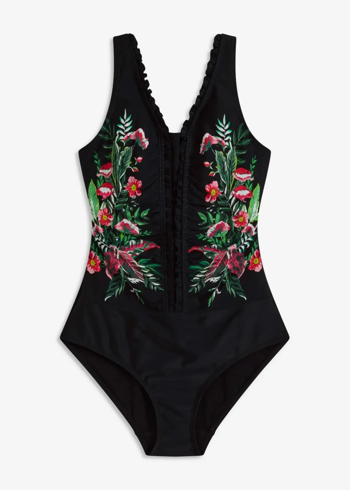 bonprix Nachhaltigere Materialien|Shapewear^Medium Shape-Badeanzug mit Volants schwarz floral