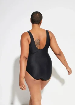 bonprix Nachhaltigere Materialien|Sport Bademode^Medium Shape-Badeanzug mit eckigem Ausschnitt schwarz/türkis graphisch bedruckt