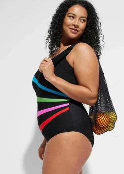 bonprix Nachhaltigere Materialien|Bademode·Badeanzüge^Medium Shape-Badeanzug mit Einsätzen schwarz/bunt gestreift