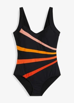 bonprix Nachhaltigere Materialien|Sport Bademode^Medium Shape-Badeanzug mit Einsätzen schwarz/orange gestreift