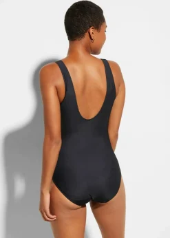 bonprix Nachhaltigere Materialien|Sport Bademode^Medium Shape-Badeanzug mit Einsätzen schwarz/orange gestreift