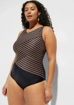 bonprix Nachhaltigere Materialien|Shapewear^Medium Shape-Badeanzug mit Wickeloptik schwarz/taupe/gold