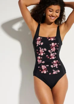 bonprix Nachhaltigere Materialien|Shapewear^Medium Shape-Badeanzug mit eckigem Ausschnitt schwarz floral