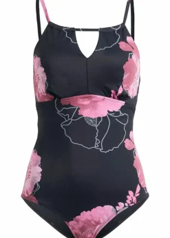 bonprix Nachhaltigere Materialien|Shapewear^Medium Shape-Badeanzug mit Cut-Out am Ausschnitt schwarz/pink floral