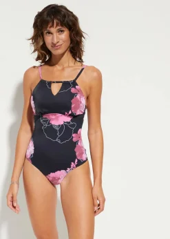 bonprix Nachhaltigere Materialien|Shapewear^Medium Shape-Badeanzug mit Cut-Out am Ausschnitt schwarz/pink floral
