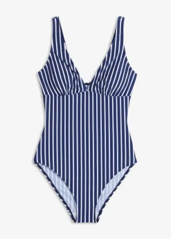 bonprix Bademode·Badeanzüge|Bademode·Shapewear^Medium Shape-Badeanzug mit tiefem Ausschnitt mitternachtsblau/weiß gestreift
