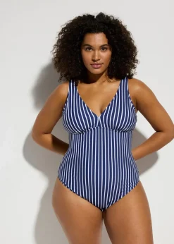 bonprix Bademode·Badeanzüge|Bademode·Shapewear^Medium Shape-Badeanzug mit tiefem Ausschnitt mitternachtsblau/weiß gestreift