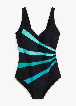bonprix Nachhaltigere Materialien|Bademode·Badeanzüge^Medium Shape-Badeanzug mit Einsätzen schwarz/grün gestreift