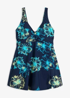 bonprix Nachhaltigere Materialien|Bademode·Badekleider^Medium Shape-Badekleid mit V-Ausschnitt dunkelblau/türkis/gelb bedruckt
