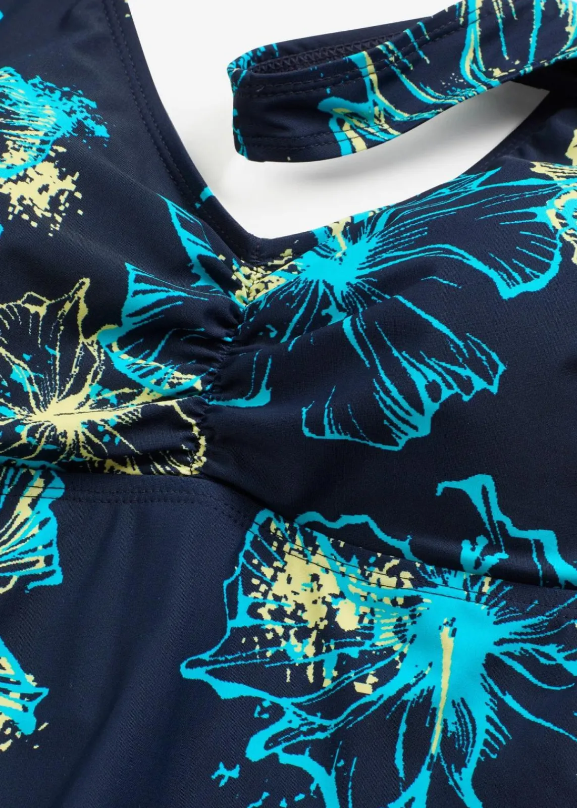 bonprix Nachhaltigere Materialien|Bademode·Badekleider^Medium Shape-Badekleid mit V-Ausschnitt dunkelblau/türkis/gelb bedruckt