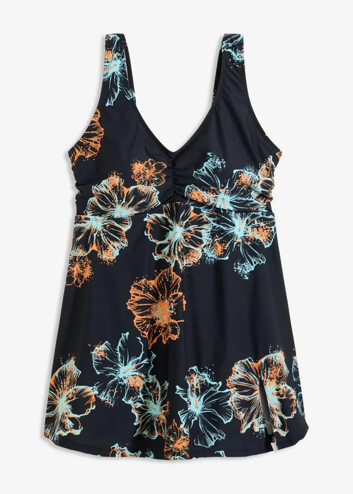 bonprix Nachhaltigere Materialien|Bademode·Badekleider^Medium Shape-Badekleid mit V-Ausschnitt schwarz/orange/türkis bedruckt