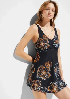 bonprix Nachhaltigere Materialien|Bademode·Badekleider^Medium Shape-Badekleid mit V-Ausschnitt schwarz/orange/türkis bedruckt