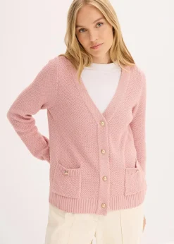 bonprix Bekleidung·Umstandsmode|Pullover & Strickjacken^Melange Strickjacke mit goldfarbigen Knöpfen aschrosa meliert