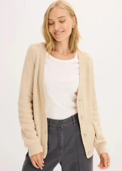 bonprix Bekleidung·Umstandsmode|Pullover & Strickjacken^Melange Strickjacke mit goldfarbigen Knöpfen kieselbeige meliert
