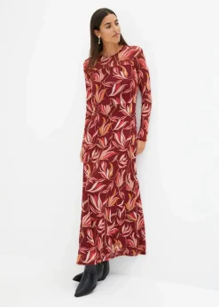 bonprix Bekleidung·Pullover & Strickjacken|Nachhaltigere Materialien^Meshkleid rubinrot/camel bedruckt