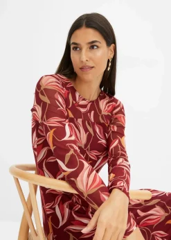 bonprix Bekleidung·Pullover & Strickjacken|Nachhaltigere Materialien^Meshkleid rubinrot/camel bedruckt