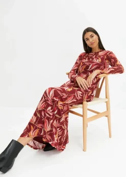 bonprix Bekleidung·Pullover & Strickjacken|Nachhaltigere Materialien^Meshkleid rubinrot/camel bedruckt